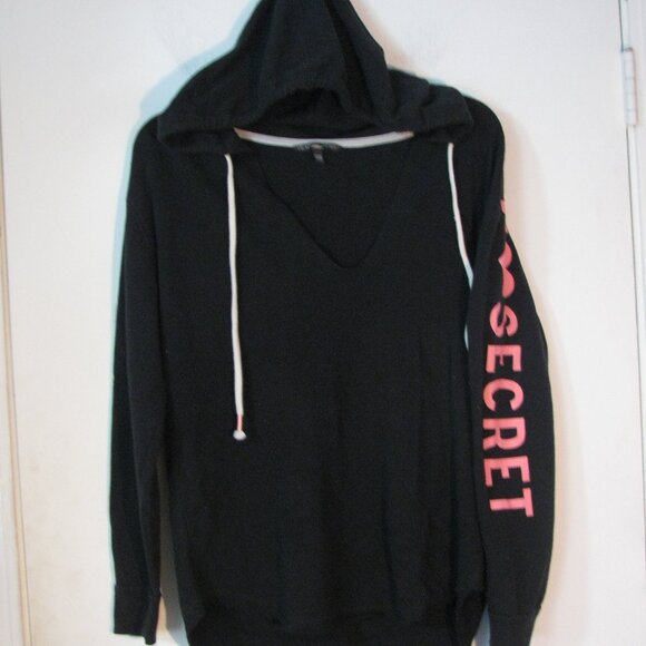 Victoria's Secret Tops - ** Victoria's Secret Shirt Small Hoodie Raw Unfinished Hem Logo Sleeve Black